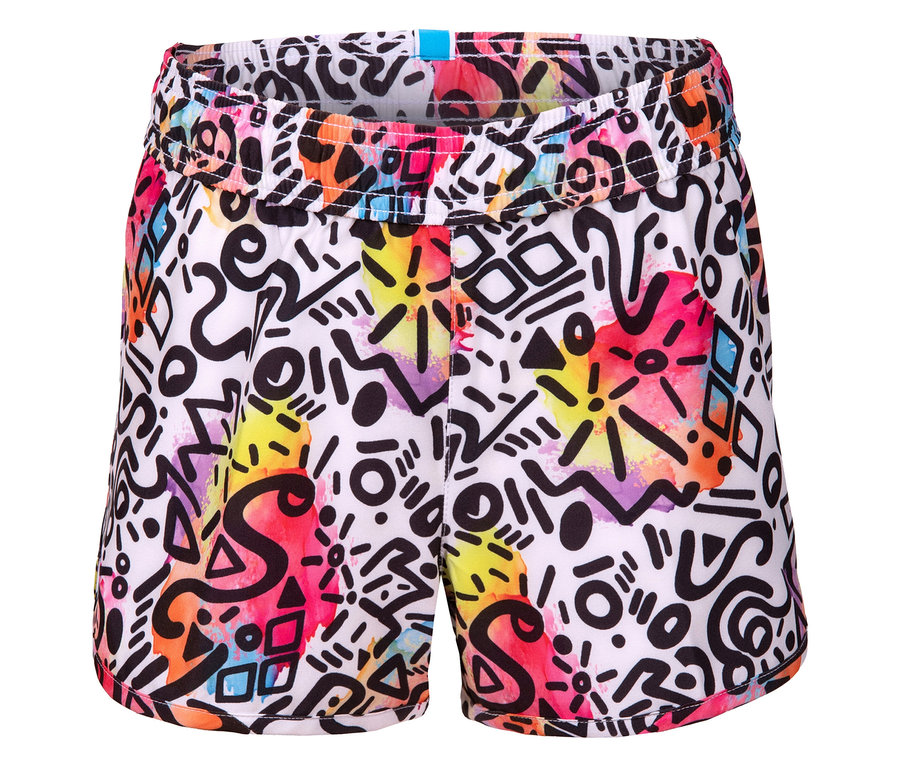 Shorts blancs avec motif géométrique en noir, rose, jaune et bleu.