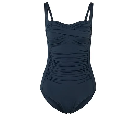 Maillot de bain modelant bleu marine avec bretelles et fronces sur la poitrine et le ventre.