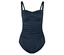 Maillot de bain modelant bleu marine avec bretelles et fronces sur la poitrine et le ventre.