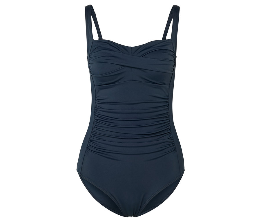 Maillot de bain modelant bleu marine avec bretelles et fronces sur la poitrine et le ventre.
