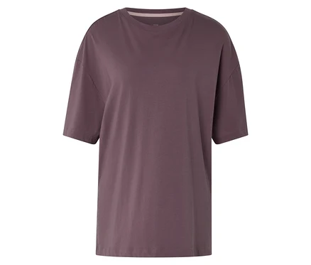 T-shirt de sport mauve à manches courtes, col rond et coupe ample.
