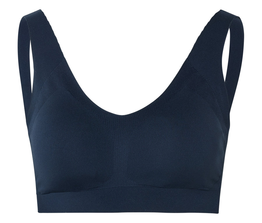 Soutien-gorge de sport bleu avec encolure en V et larges bretelles.