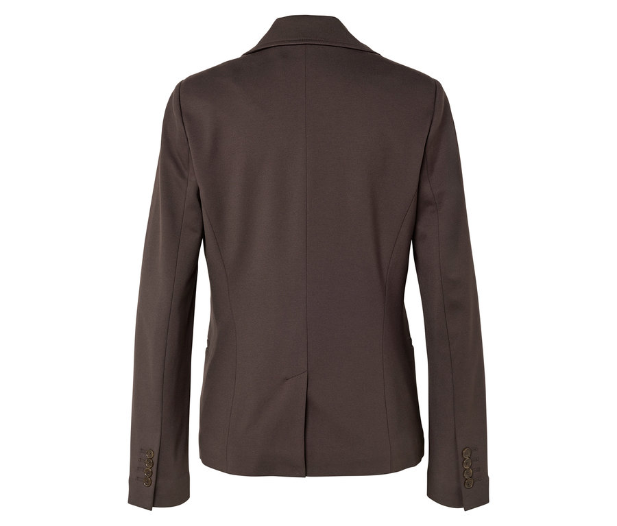Vue arrière d'un blazer marron foncé avec des boutons sur les manches sur fond blanc.