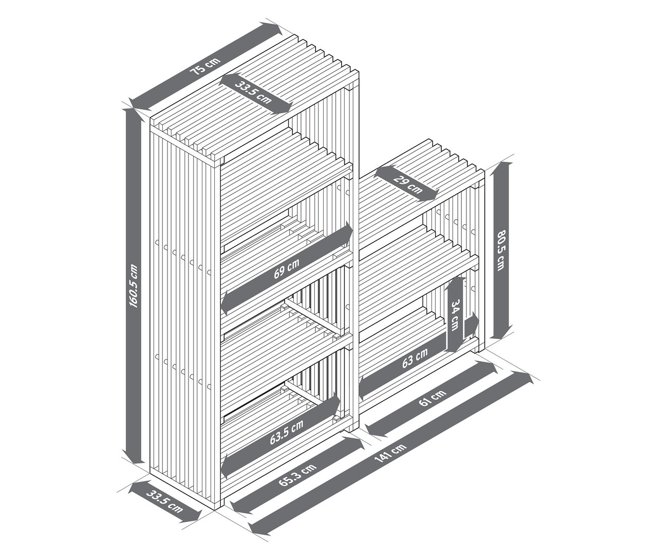 Vue de dessus de l'étagère extensible « FLEKSIBEL » avec dimensions.