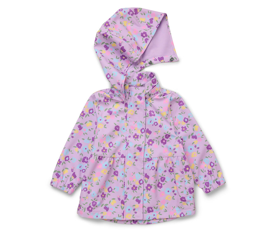 Imperméable violet à fleurs avec capuche et boutons-pression.