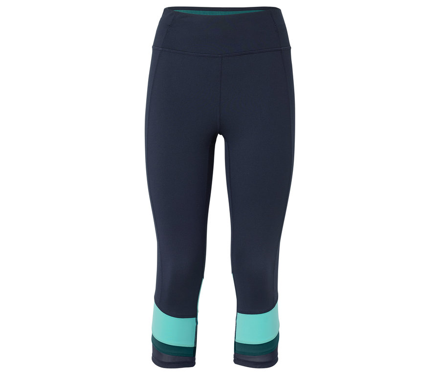 Un legging trois-quarts bleu marine avec un bloc turquoise au bout de la jambe.