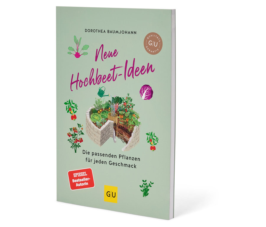 Le livre "Nouvelles idées de jardins surélevés" de Dorothea Baumjohann avec une photo d'un jardin surélevé sur la couverture est posé sur une table.