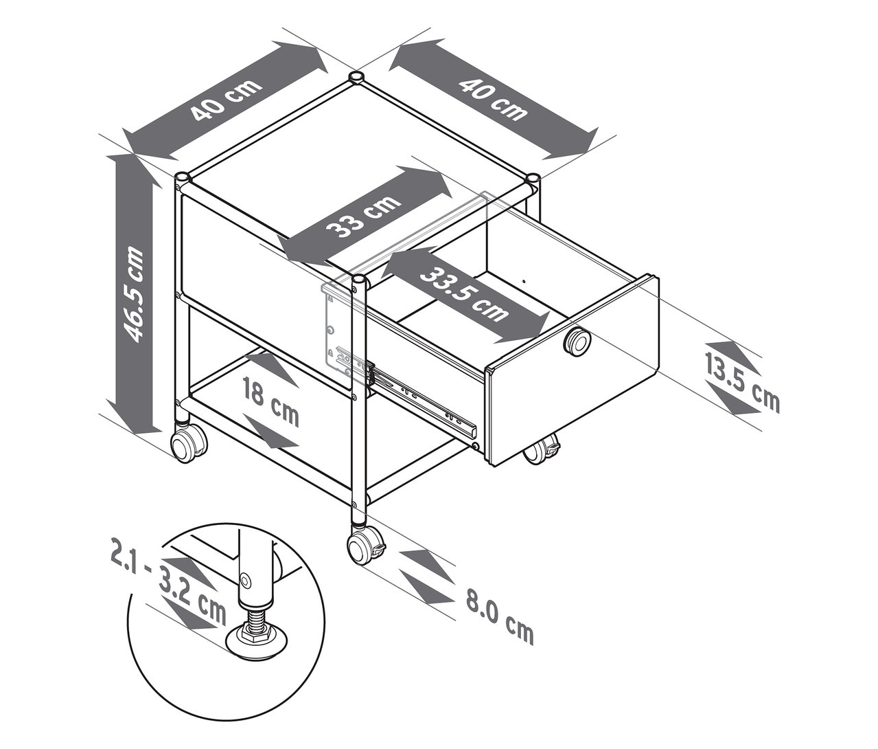 Vue de dessus d'un schéma d'une table d'appoint avec tiroir en métal « CN3 » en gris et noir avec dimensions.