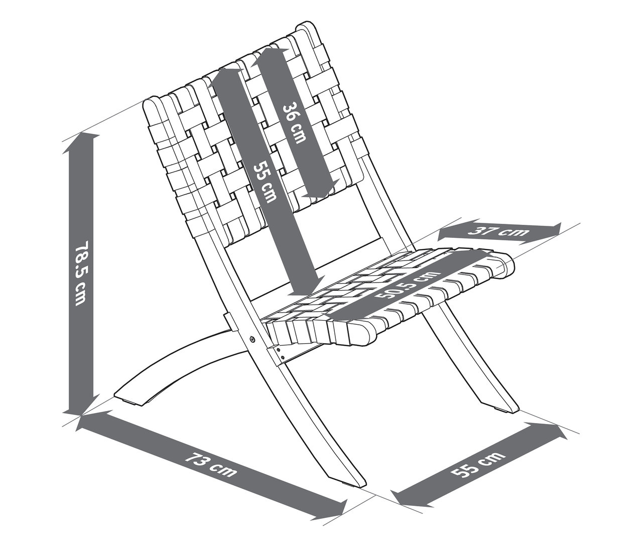 Vue de dessus d'un croquis de chaise avec les mesures de largeur et de hauteur.