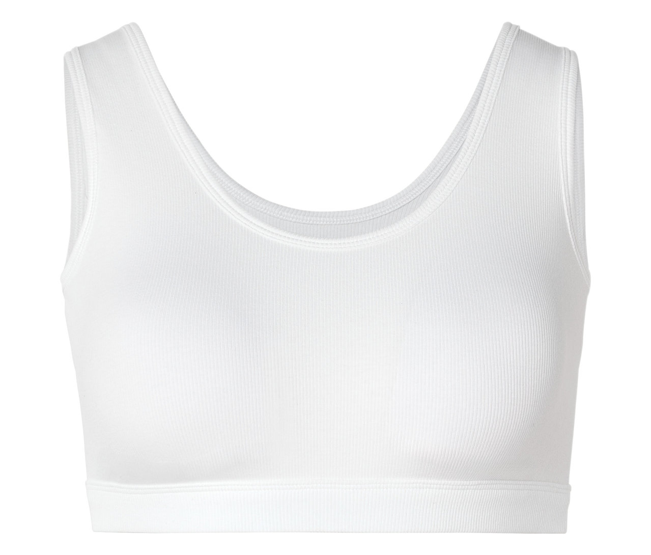 Haut de sport blanc côtelé avec encolure en U et larges bretelles sur fond blanc.