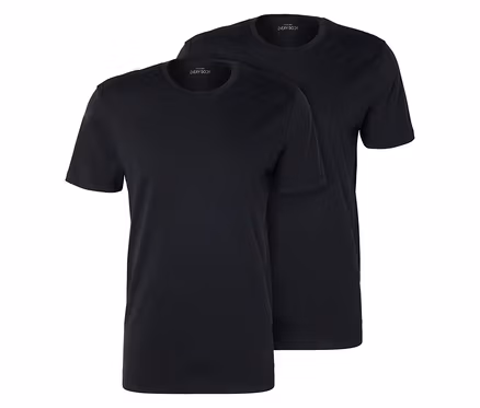 Deux t-shirts noirs sont superposés, le t-shirt avant étant légèrement décalé vers la gauche.