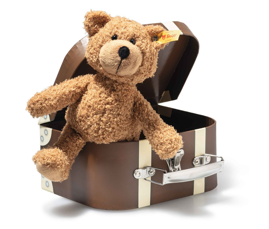 Un ours en peluche brun clair est assis dans une valise marron avec des rayures crème.