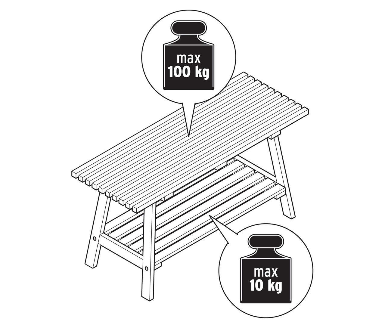 Illustration d'un banc « HOLT » en bambou avec des éléments à lamelles, charge maximale de 100 kg en haut et de 10 kg en bas.