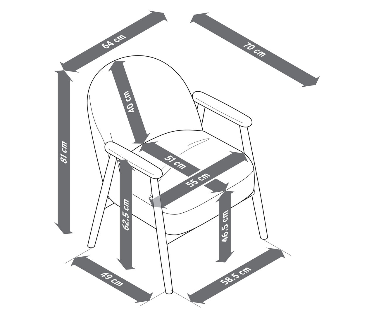 Dimensions d'un fauteuil avec accoudoirs et structure en bois.