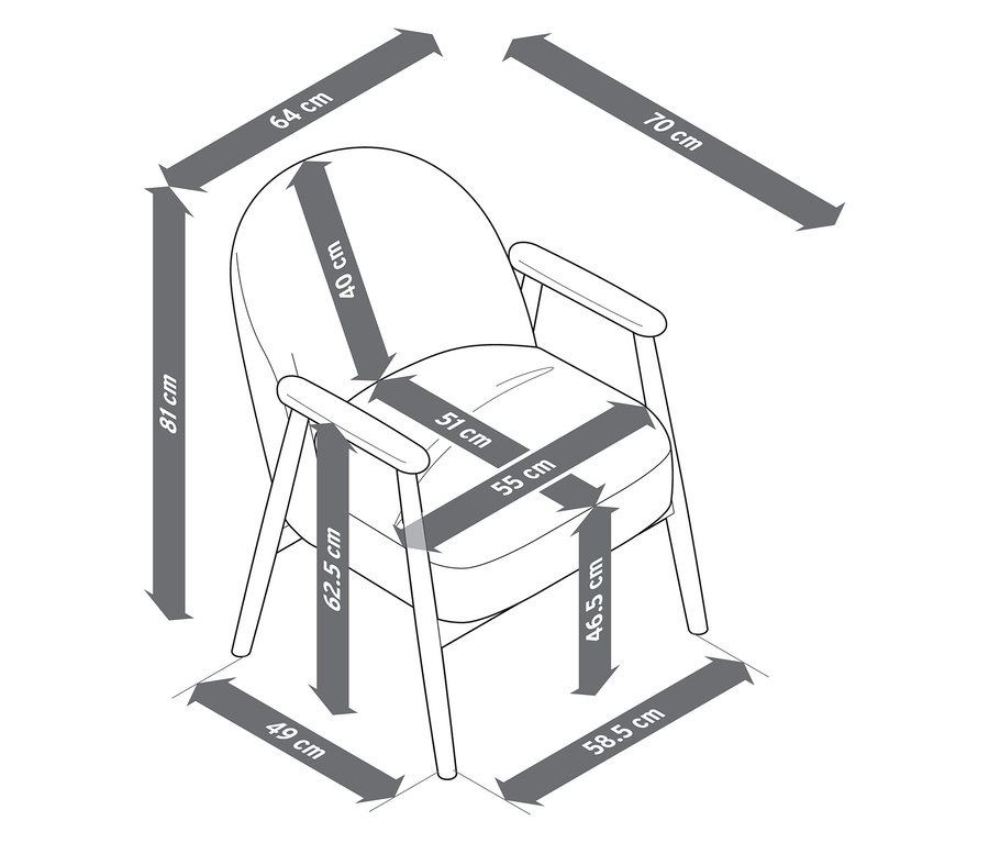 Dimensions d'un fauteuil avec accoudoirs et structure en bois.