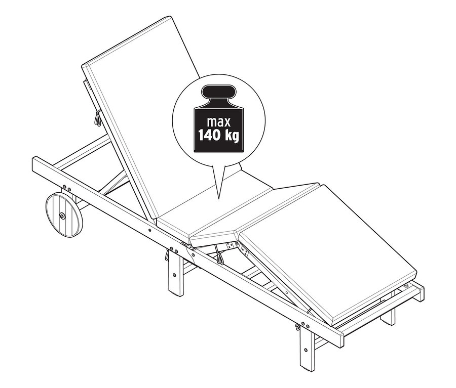 Une chaise longue de jardin classique avec une note indiquant un poids maximum de 140 kg.