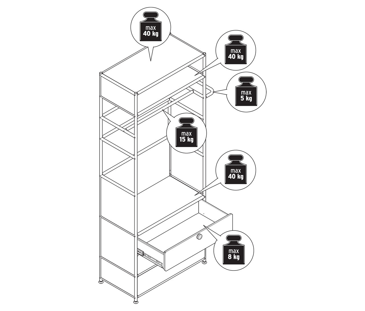 Illustration d'une garde-robe en métal « CN3 » avec une tringle à vêtements et 3 tiroirs.