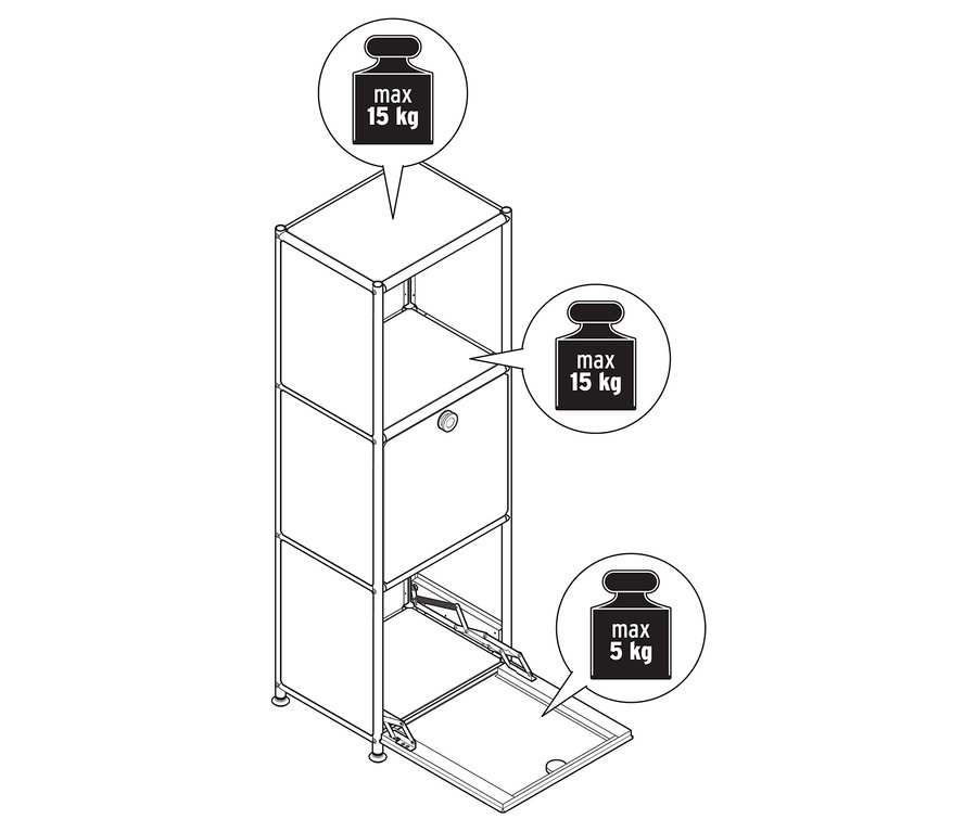 Vue de dessus d'une commode en métal « CN3 Slim Line » à deux abattants, dont un est ouvert. Poids maximal autorisé de 15 kg pour les compartiments supérieurs et de 5 kg pour le compartiment inférieur.