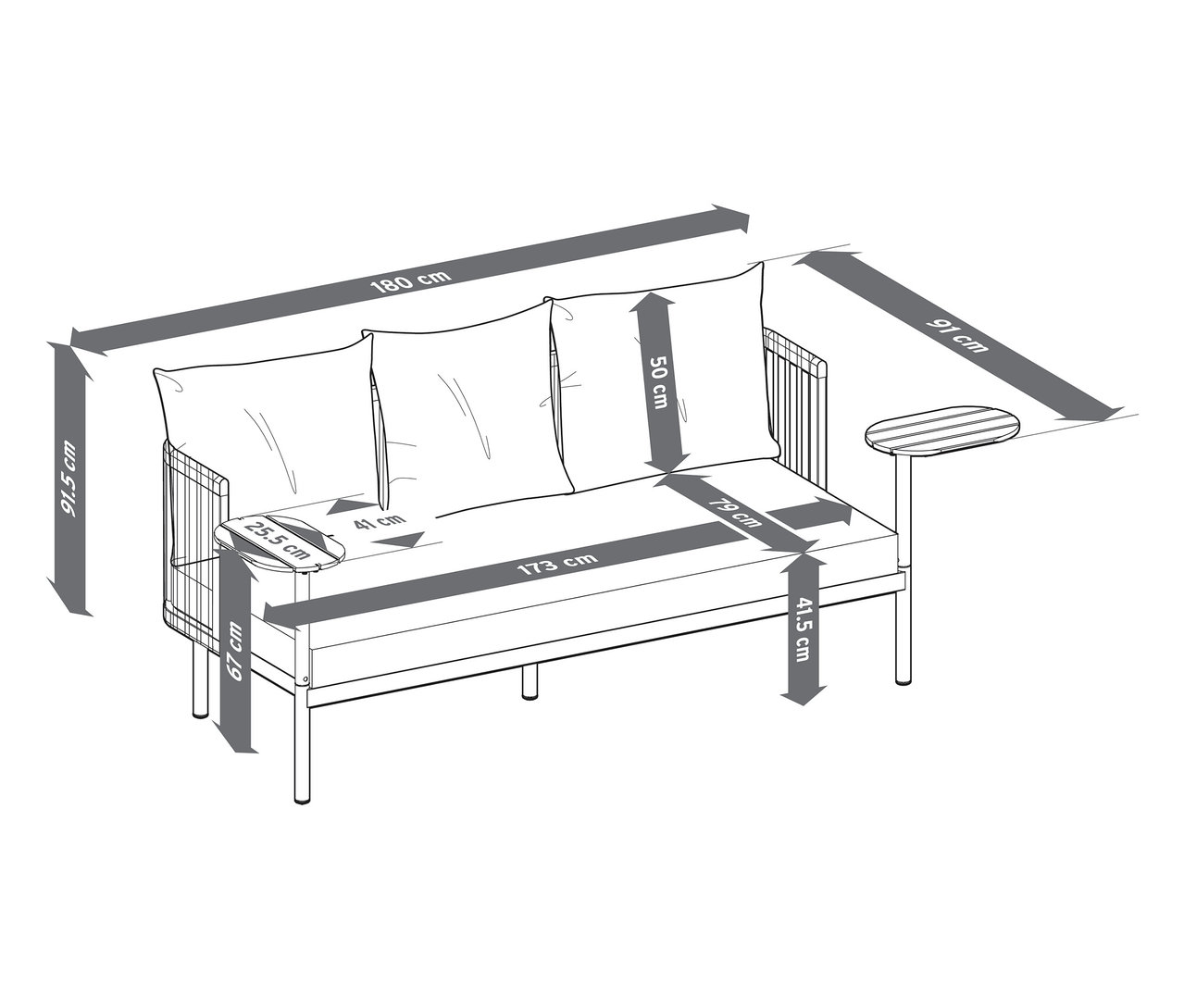 Dimensions du canapé de jardin avec 2 tables tournantes.