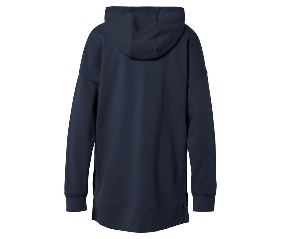 Vue arrière d'un sweat à capuche bleu marine avec des manches longues et un ourlet droit.