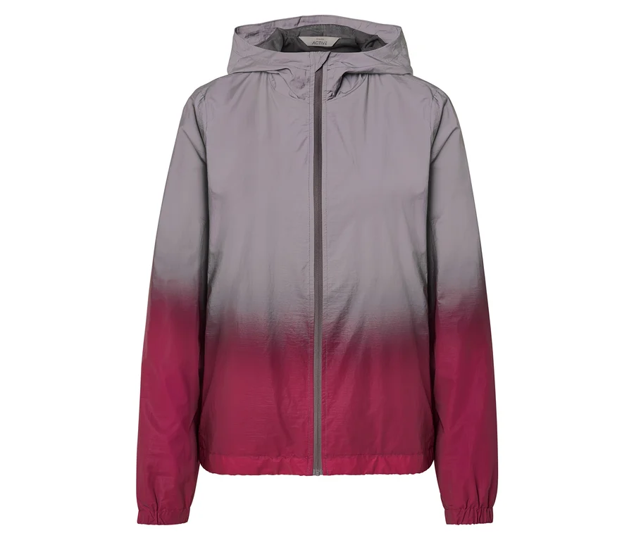 Veste de sport réfléchissante avec dégradé gris-rose, capuche et fermeture éclair.