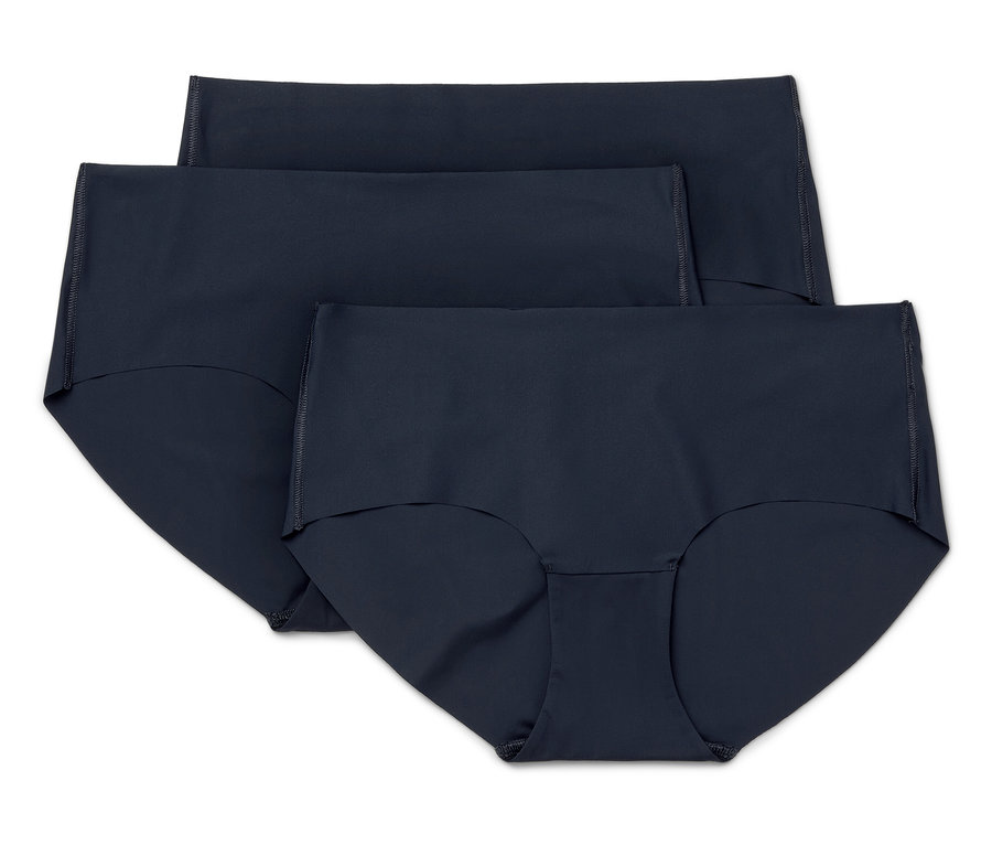 Trois culottes marine pour femmes sont posées les unes sur les autres.