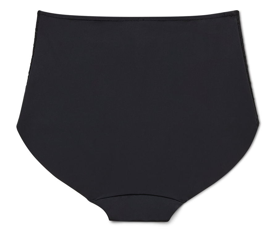 Culotte de bikini noire à taille haute sur fond blanc.