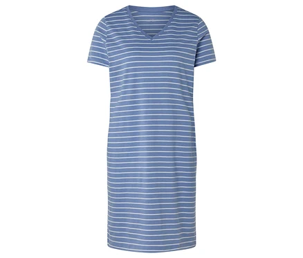 Robe t-shirt bleue rayée à col en V.