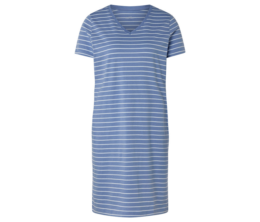 Robe t-shirt bleue rayée à col en V.