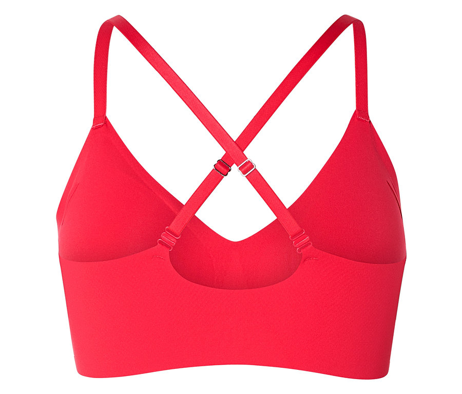 Vue arrière d'un soutien-gorge rouge avec bretelles croisées et fermeture réglable.