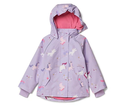 Veste de pluie lilas pour enfant avec capuche et motif licorne, doublée de polaire rose.