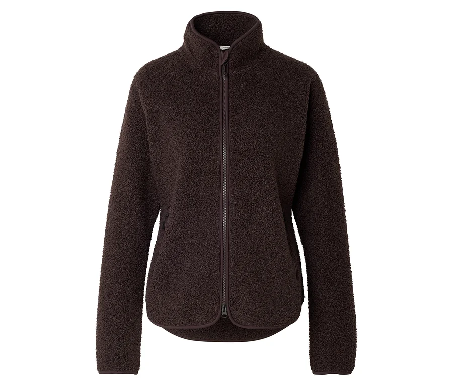 Une veste en polaire marron foncé avec fermeture éclair et col montant est visible sur fond blanc.