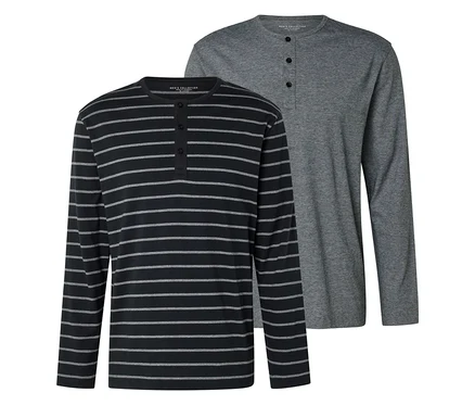 Deux chemises à manches longues pour hommes avec patte de boutonnage sont visibles, une rayée en noir et gris, l'autre unie en gris.
