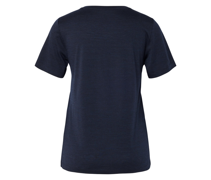 T-shirt bleu foncé à manches courtes, vu de dos, avec un tissu légèrement texturé.