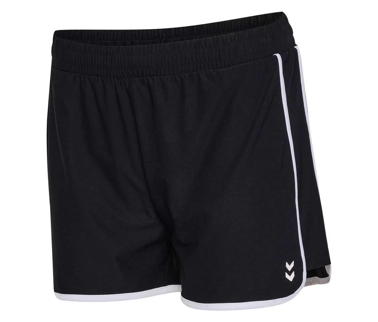 Gros plan sur un short HUMMEL pour femme noir avec ourlet et logo blancs.