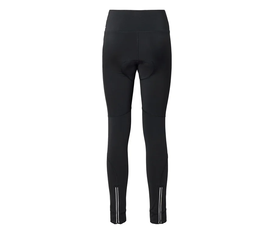 Collant de cyclisme noir ajusté vu de dos, avec rembourrage à l'entrejambe et fermetures éclair aux chevilles.