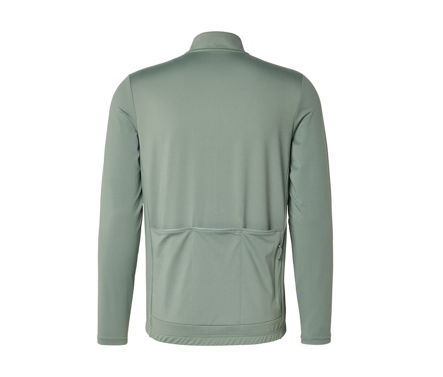 Vue de dos d'un maillot de cyclisme à manches longues vert clair avec un col montant et trois poches au bas du dos, dont une zippée.