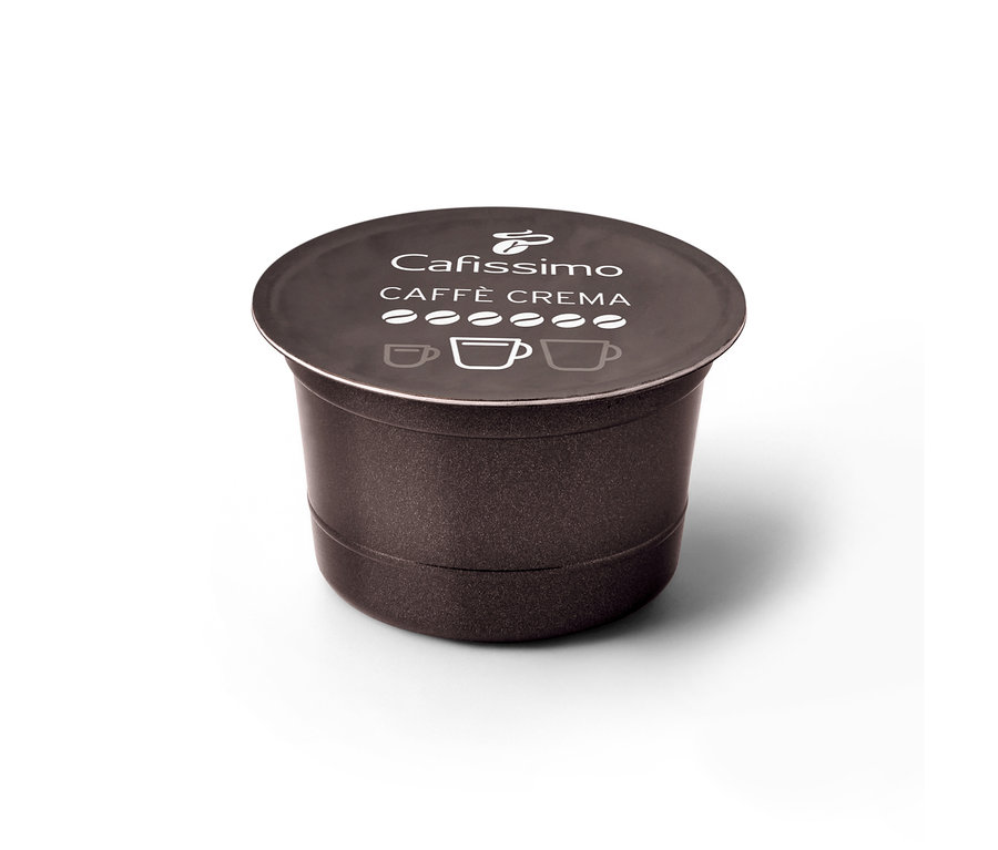 Capsule Cafissimo Caffè Crema Kräftig (corsé) marron foncé avec inscription blanche et indicateur d'intensité sur le couvercle.