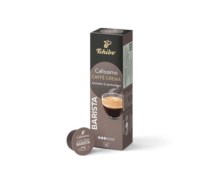 Un paquet et une capsule Cafissimo BARISTA Caffè Crema.
