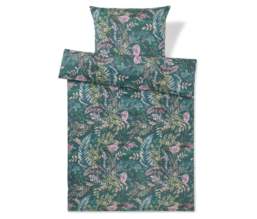 Parure de lit vert foncé avec un motif de feuilles et de fleurs vertes, roses et jaunes, comprenant une housse de couette et une taie d'oreiller.