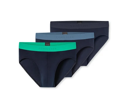 Trois slips pour hommes bleu marine, empilés, avec des ceintures de couleurs différentes : vert, bleu clair et bleu foncé. Toutes les ceintures portent le logo "SCHIESSER".