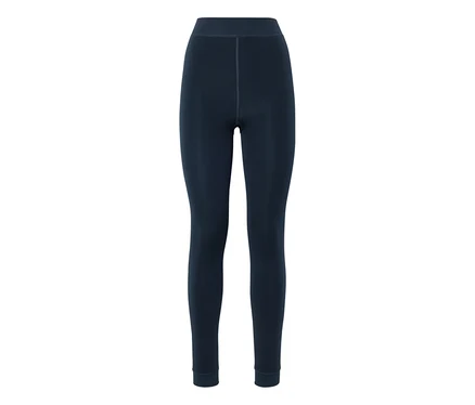 Legging bleu foncé taille haute avec coutures visibles.