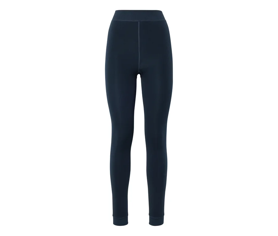 Legging bleu foncé taille haute avec coutures visibles.