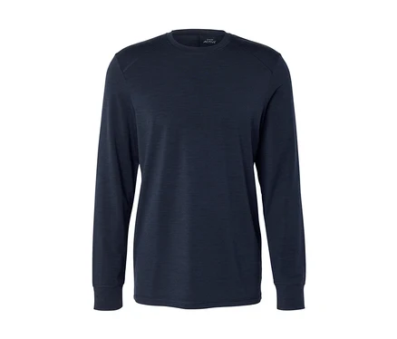 T-shirt à manches longues bleu foncé avec col rond, poignets côtelés et petite étiquette « ACTIVE » sur le col.