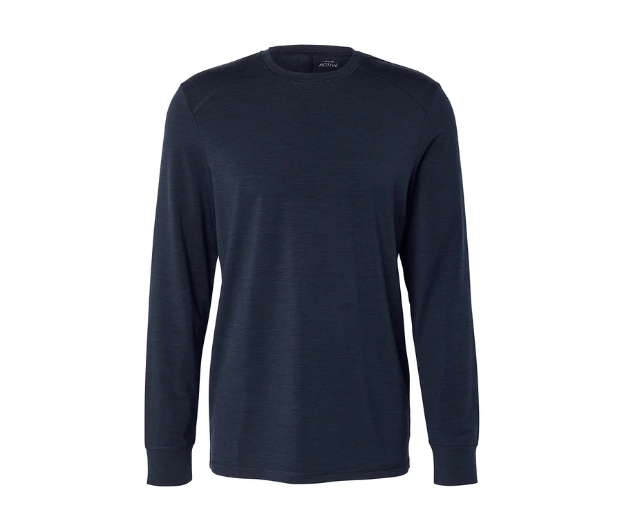 T-shirt à manches longues bleu foncé avec col rond, poignets côtelés et petite étiquette « ACTIVE » sur le col.