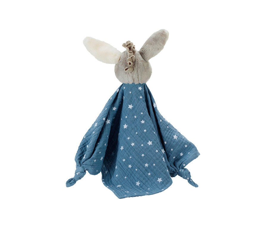 Doudou à tête d'animal grise et couverture bleue à étoiles blanches, avec des nœuds aux coins inférieurs.