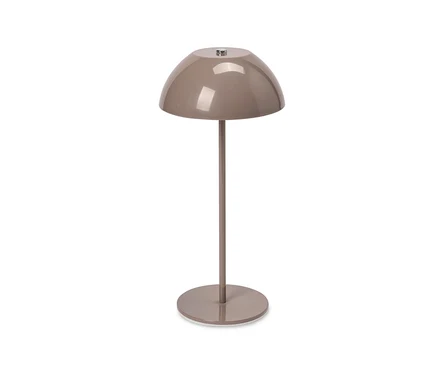Lampe de table à LED sans fil beige avec un abat-jour en forme de dôme, un pied fin et une base ronde.
