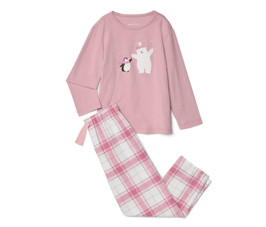 Ensemble pyjama rose pour enfant, avec un haut rose à manches longues orné d'un motif ours polaire et pingouin, et un pantalon à carreaux roses et blancs.