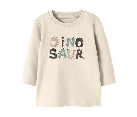 T-shirt à manches longues crème pour enfant avec l'inscription multicolore « DINOSAUR ».