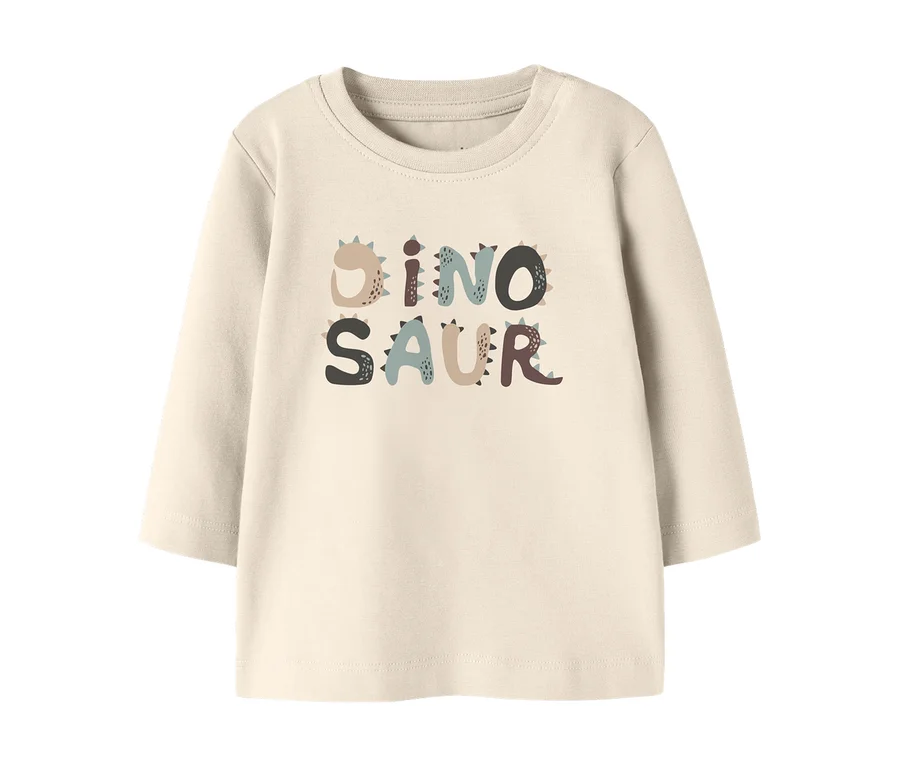 T-shirt à manches longues crème pour enfant avec l'inscription multicolore « DINOSAUR ».
